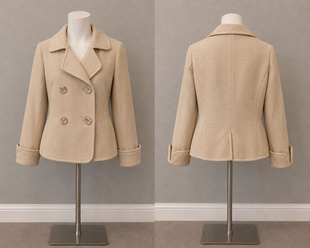 Talbots Womens 8 Beige Double Breasted Jacket Peacoat Elegant Office Career